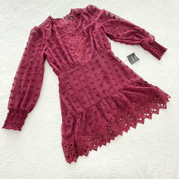 NWT Lust or Love Wine Red Embroidered Lace Long Sleeve Dress Medium - Picture 6 of 12